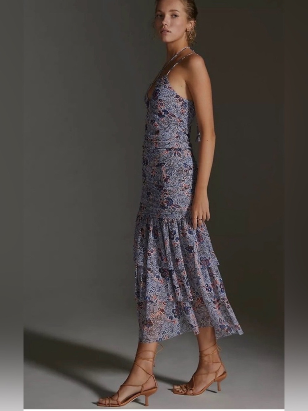 MISA LA Floral Print Ruched Midi Dress NWT